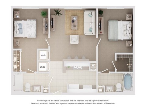 Floor plan for 2 beds, 2 baths, 868 sqft